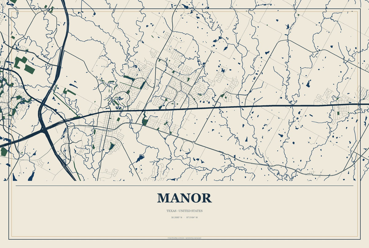 Manor, Texas City Map Aluminum Sign in Coastal Cutout style