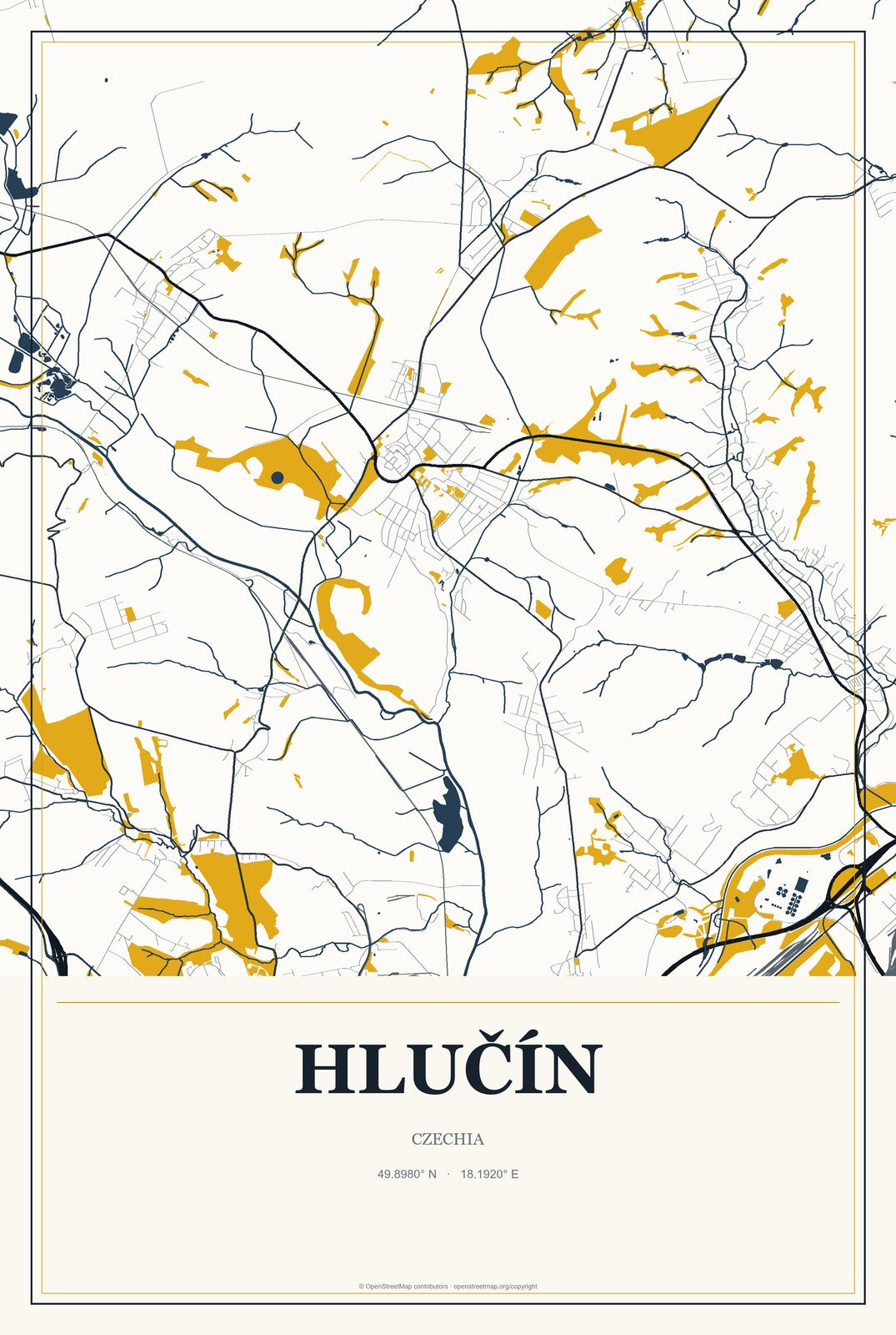 Hlučín, Czechia City Map Aluminum Sign in Citrine Modern style