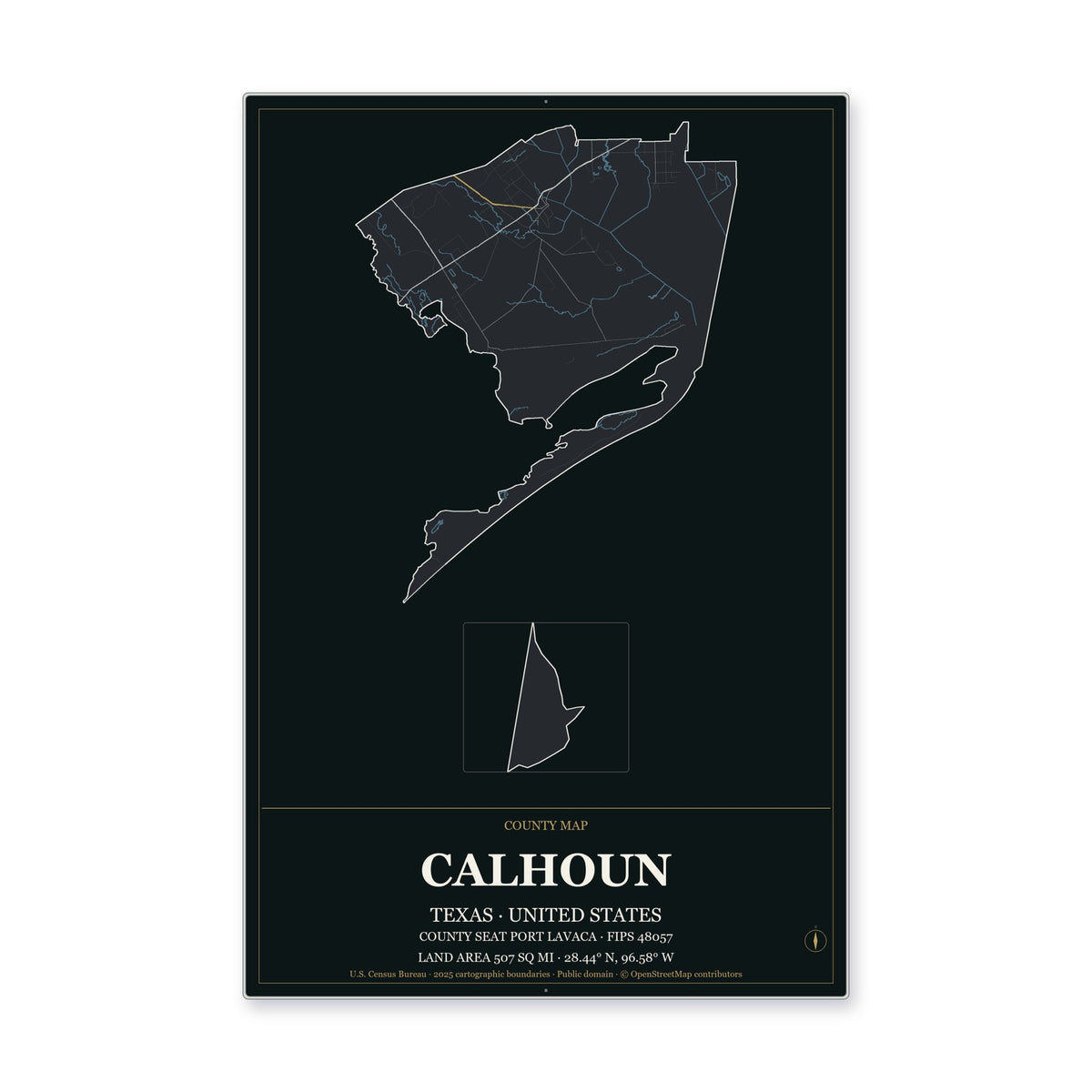 Calhoun County, Texas Map Aluminum Sign in Metropolitan Noir style