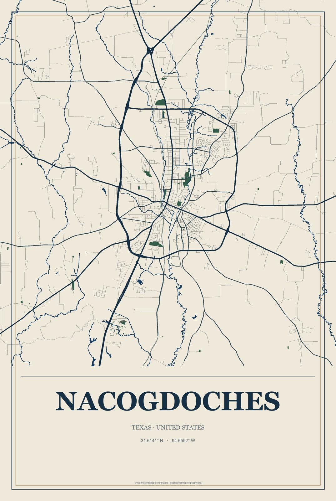 Nacogdoches, Texas City Map Aluminum Sign in Coastal Cutout style