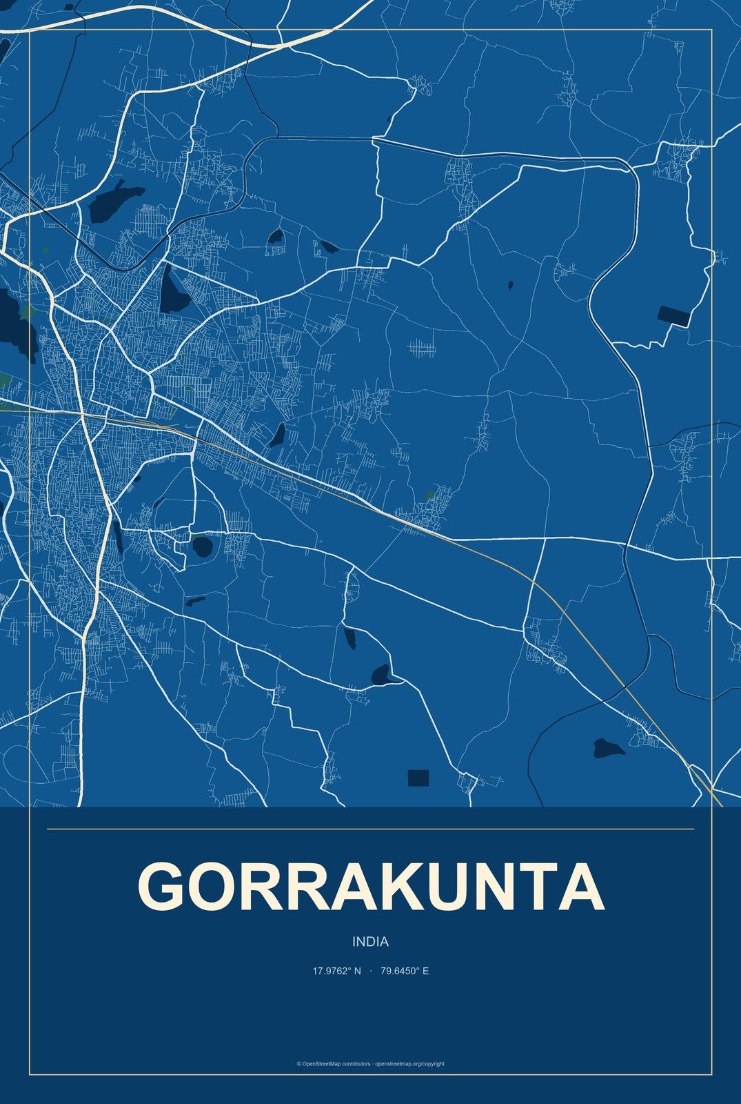 Gorrakunta, India City Map Aluminum Sign in Harbor Cobalt style