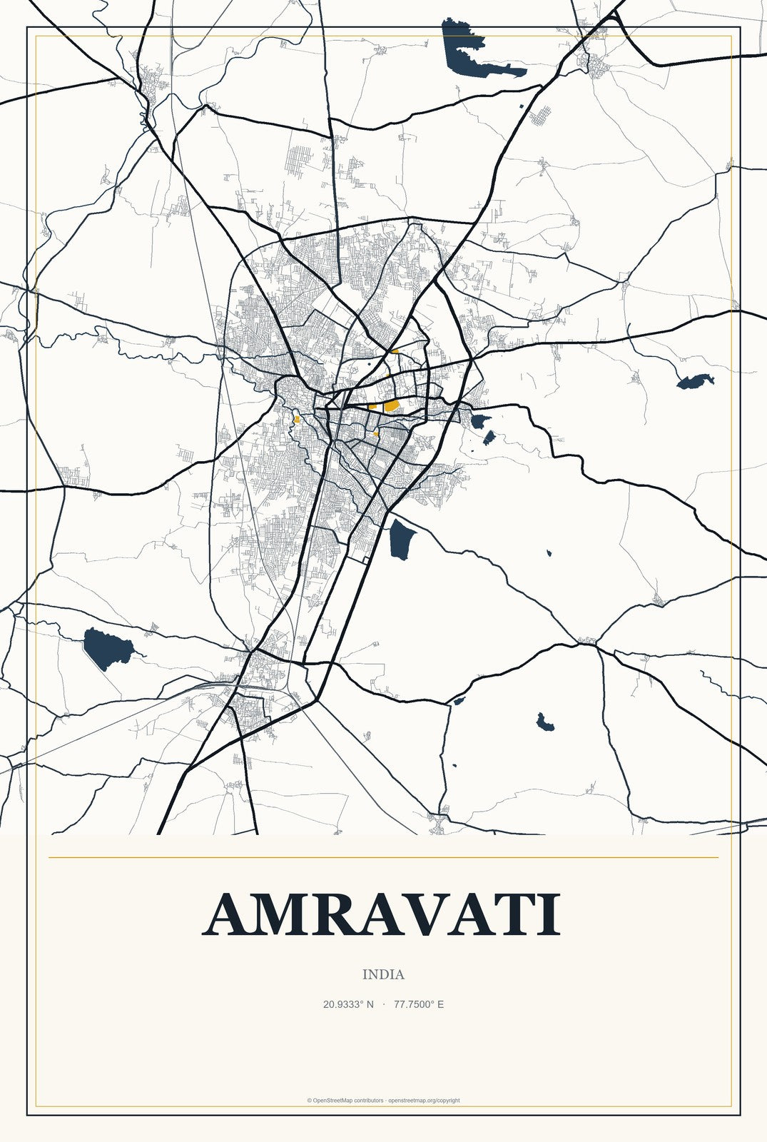 Amravati, India City Map Aluminum Sign in Citrine Modern style