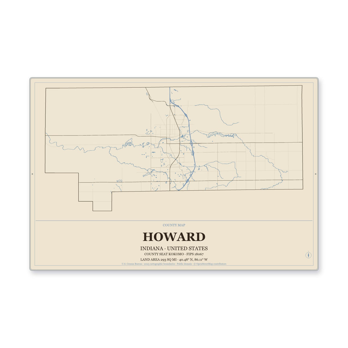 Howard County, Indiana Map Aluminum Sign in Heritage Nautical style