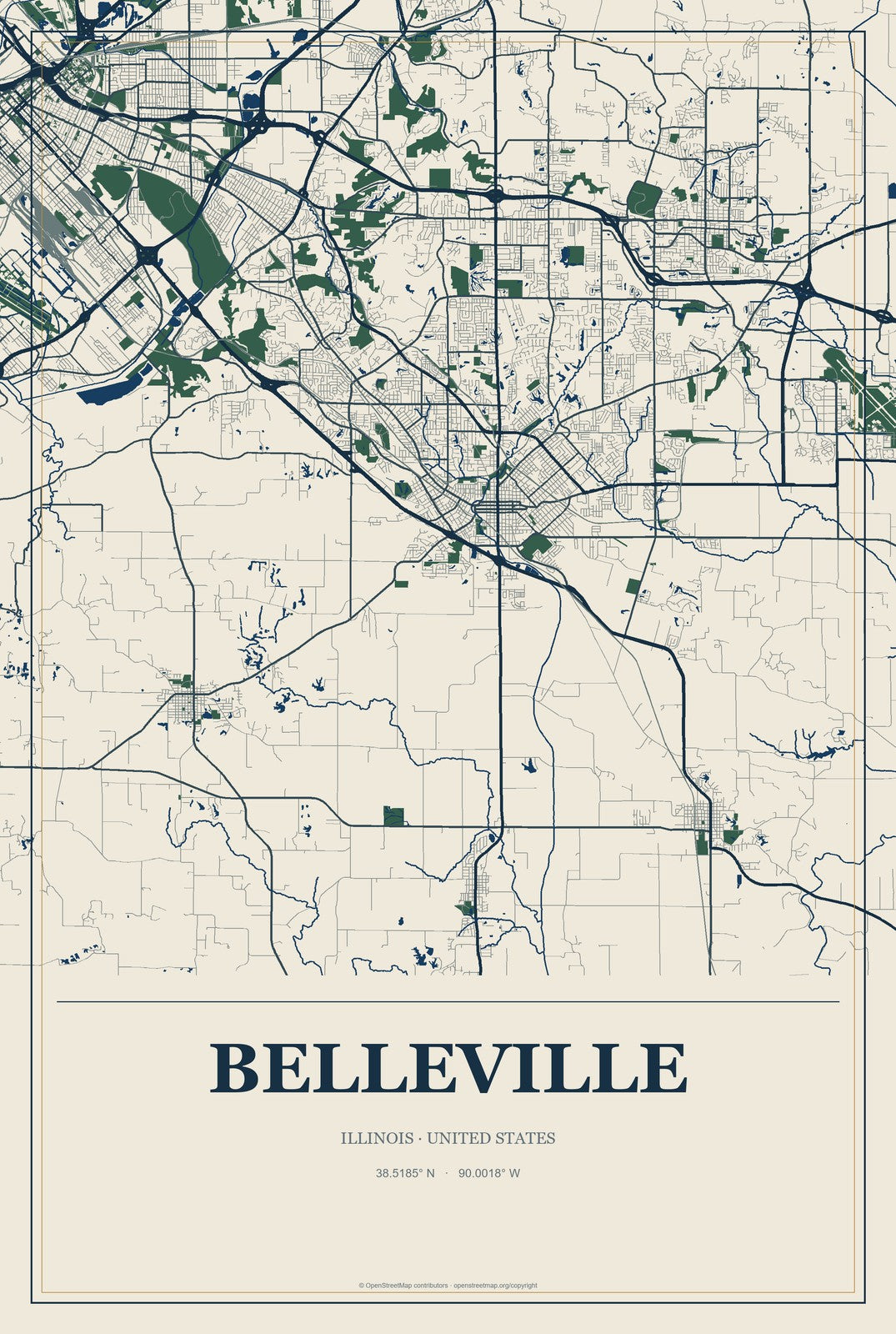Belleville, Illinois City Map Aluminum Sign in Coastal Cutout style