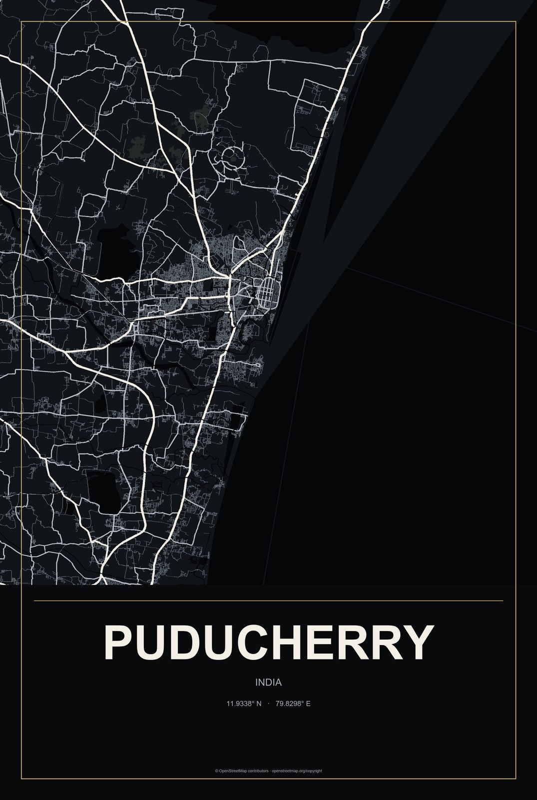 Puducherry, India City Map Aluminum Sign in Metropolitan Noir style