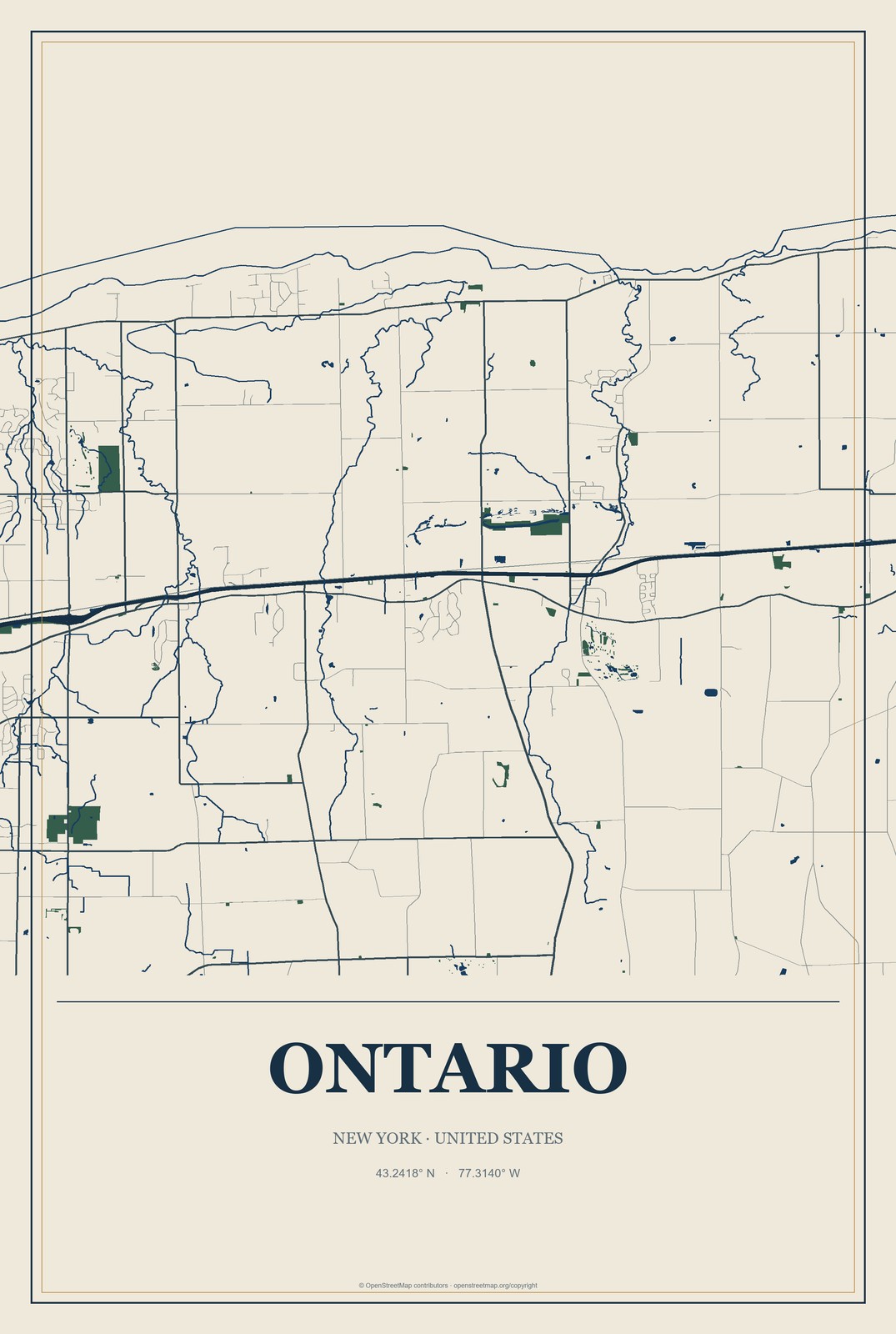 Ontario, New York City Map Aluminum Sign in Coastal Cutout style