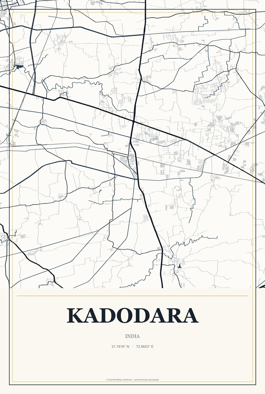 Kadodara, India City Map Aluminum Sign in Citrine Modern style