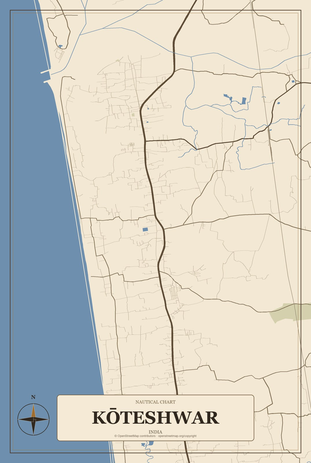 Kōteshwar, India City Map Aluminum Sign in Heritage Nautical style