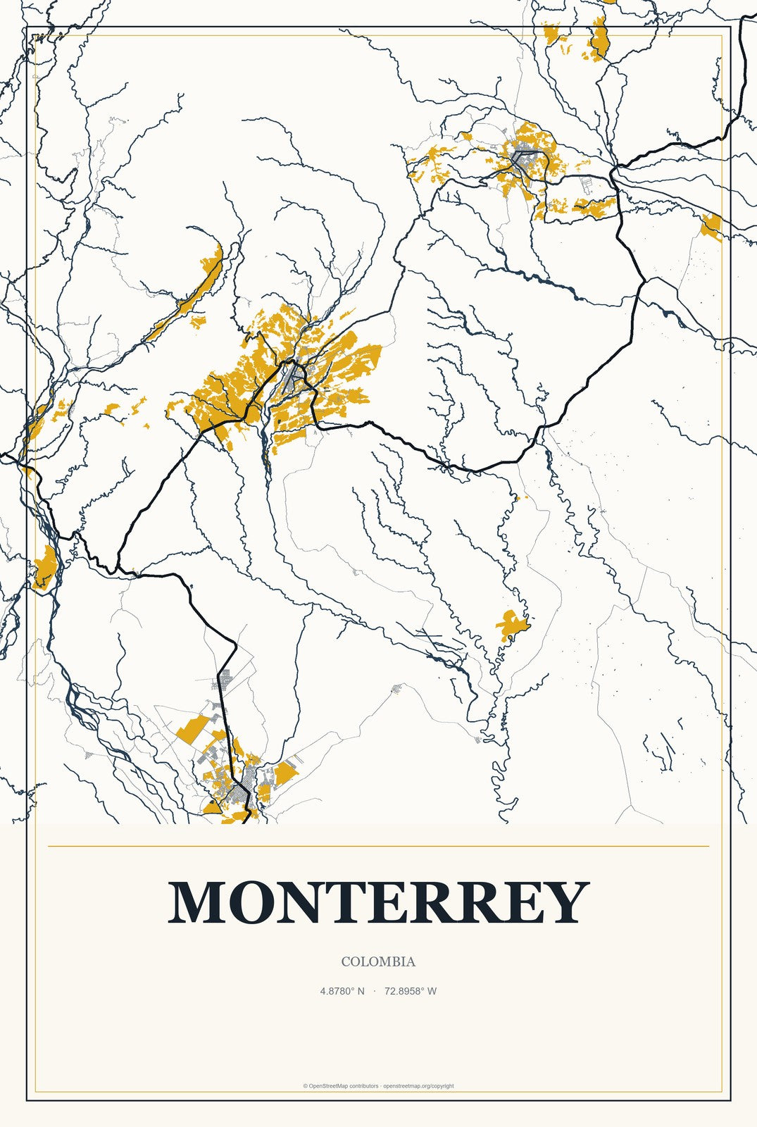 Monterrey, Colombia City Map Aluminum Sign in Citrine Modern style