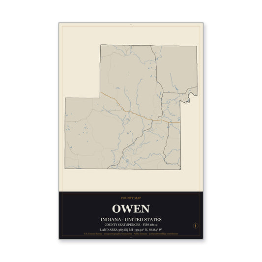 Owen County, Indiana Map Aluminum Sign in Museum Plaque style