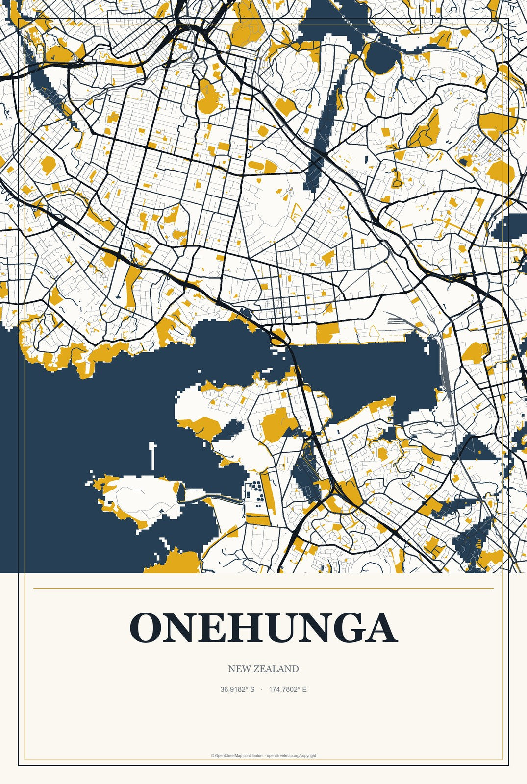 Onehunga, New Zealand City Map Aluminum Sign in Citrine Modern style