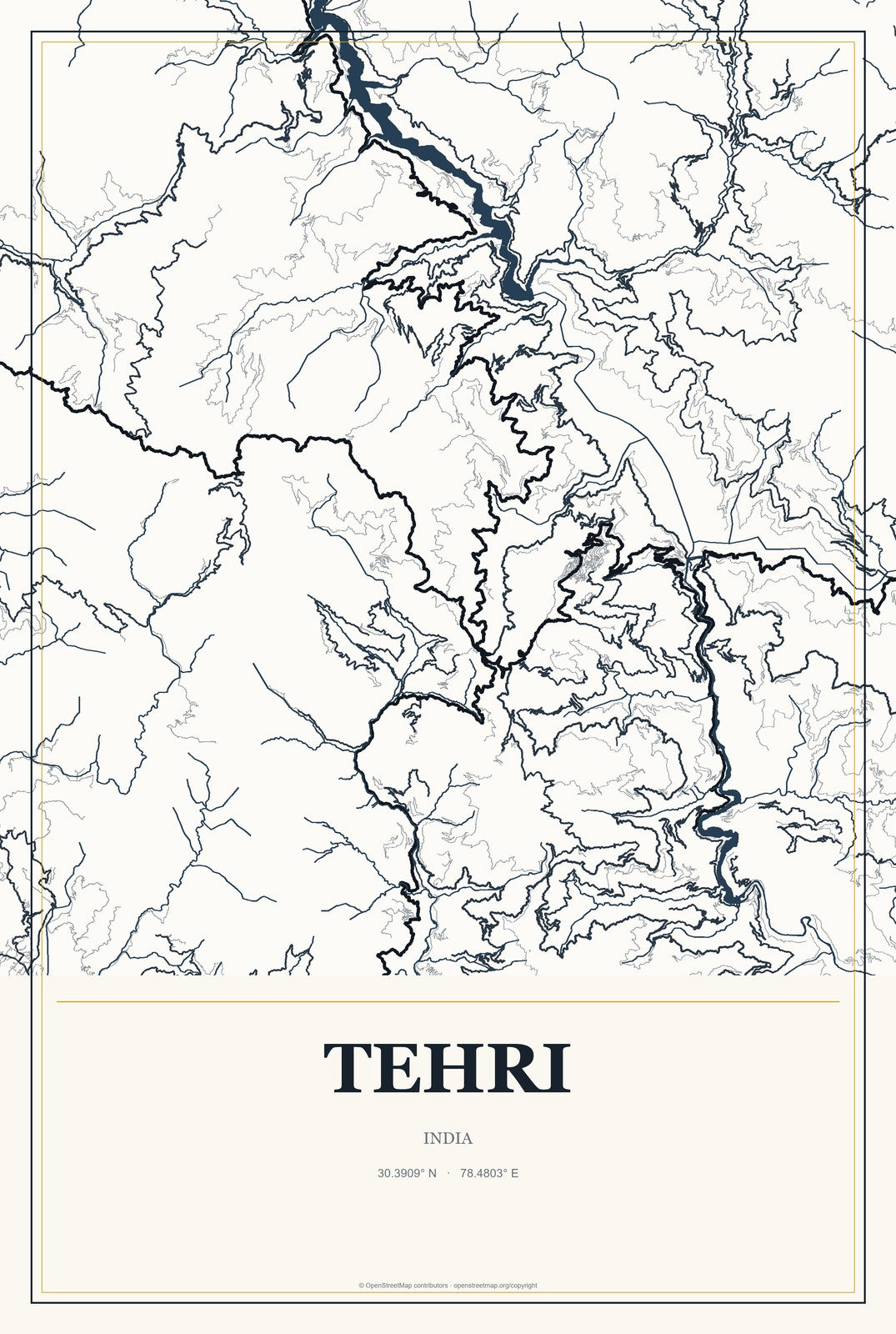 Tehri, India City Map Aluminum Sign in Citrine Modern style