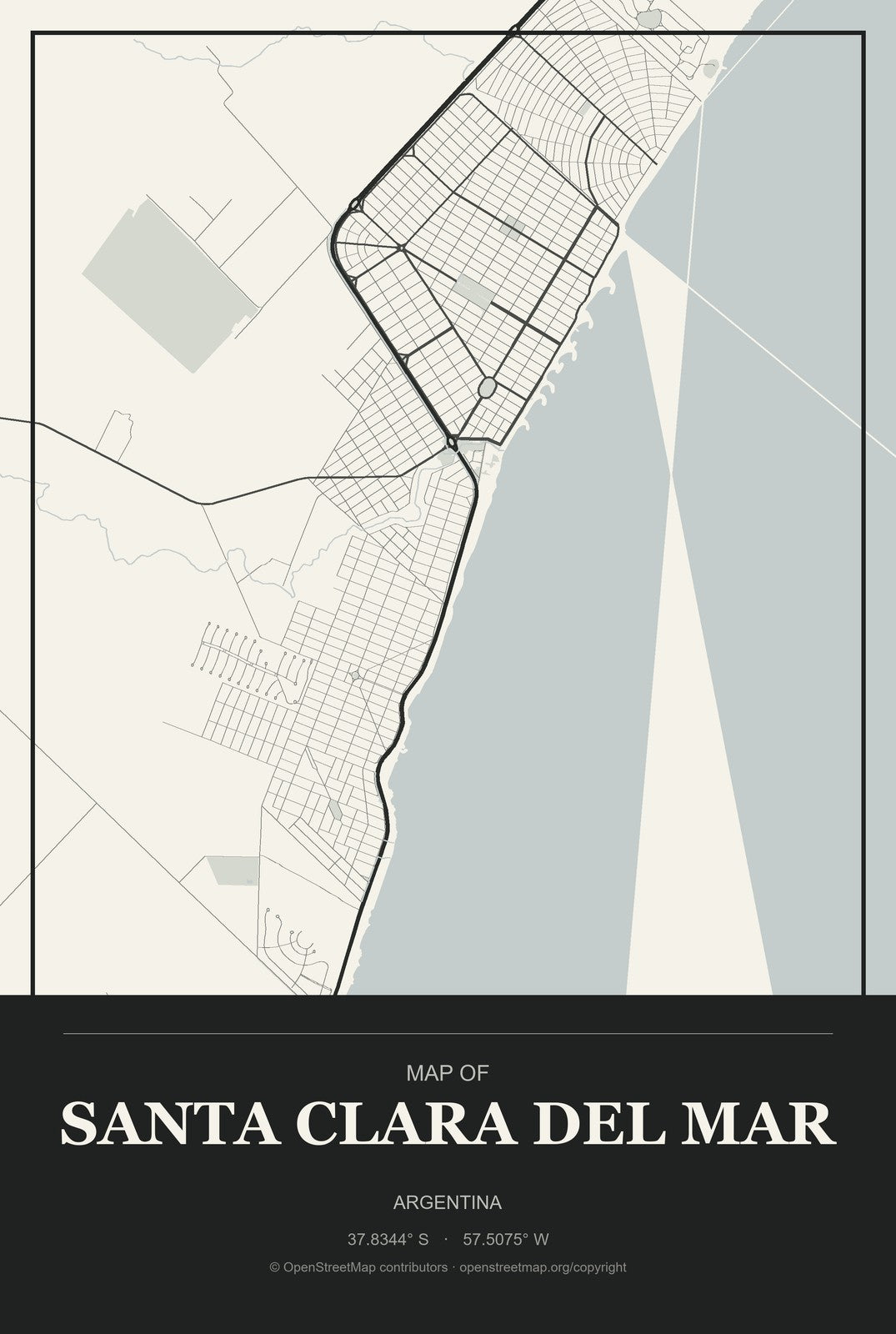 Santa Clara del Mar, Argentina City Map Aluminum Sign in Museum Plaque style