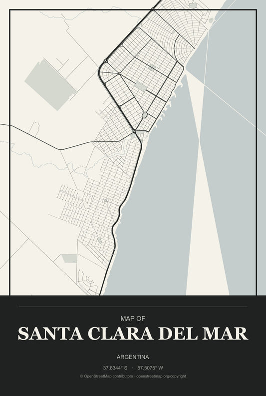 Santa Clara del Mar, Argentina City Map Aluminum Sign in Museum Plaque style