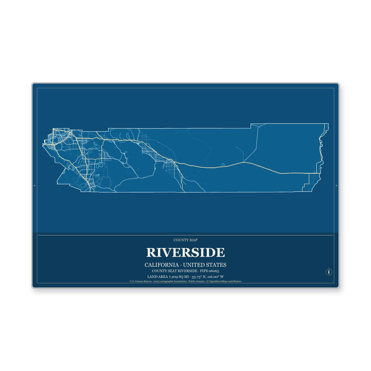 Riverside County, California Map Aluminum Sign in Harbor Cobalt style