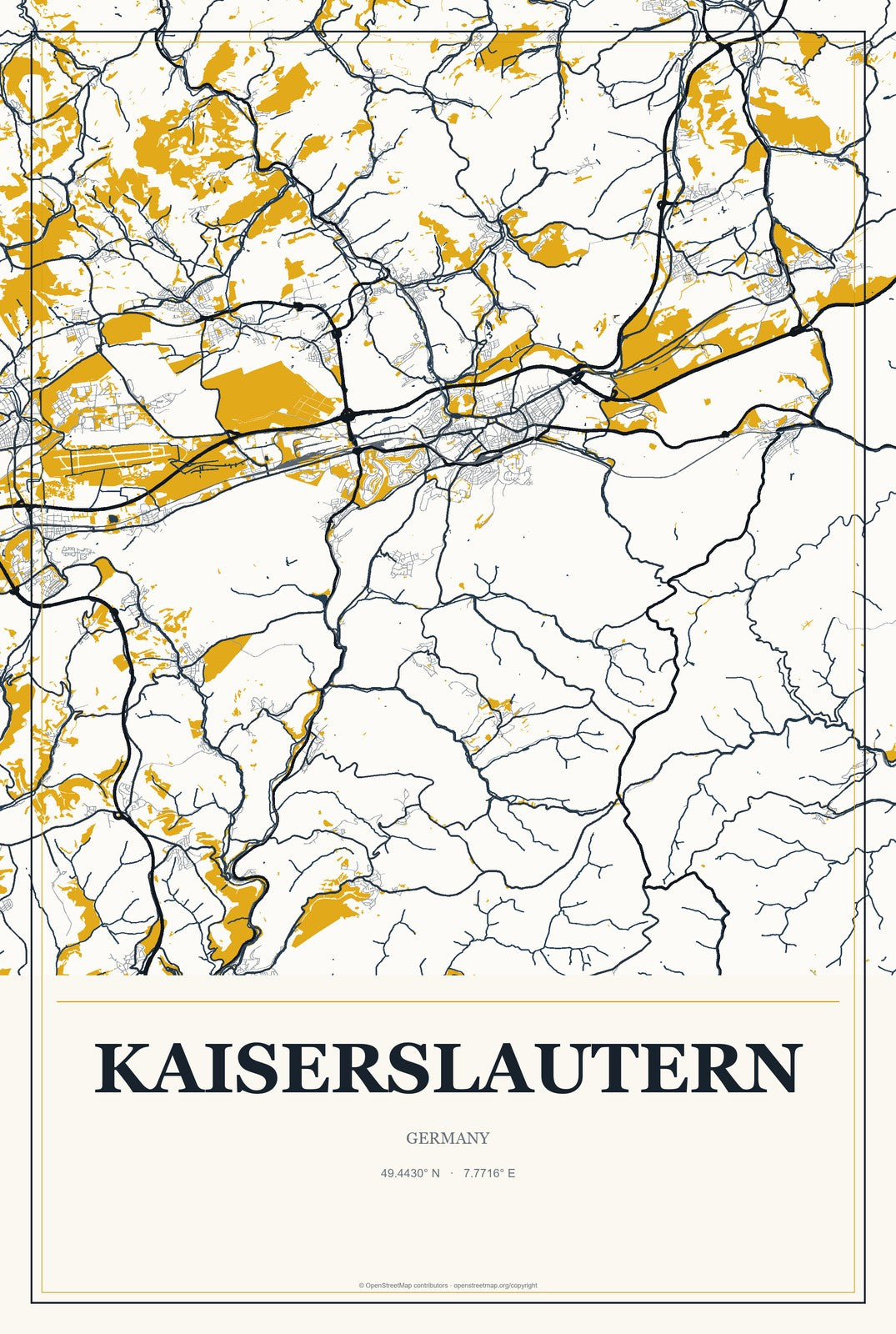 Kaiserslautern, Germany City Map Aluminum Sign in Citrine Modern style