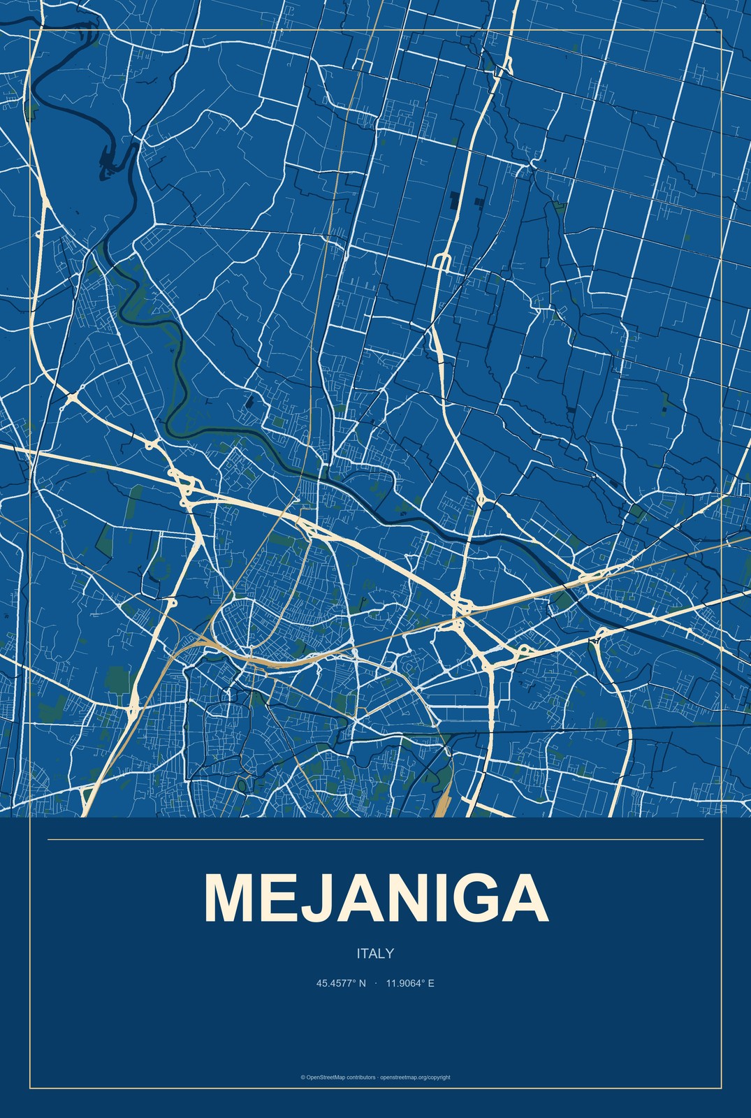Mejaniga, Italy City Map Aluminum Sign in Harbor Cobalt style