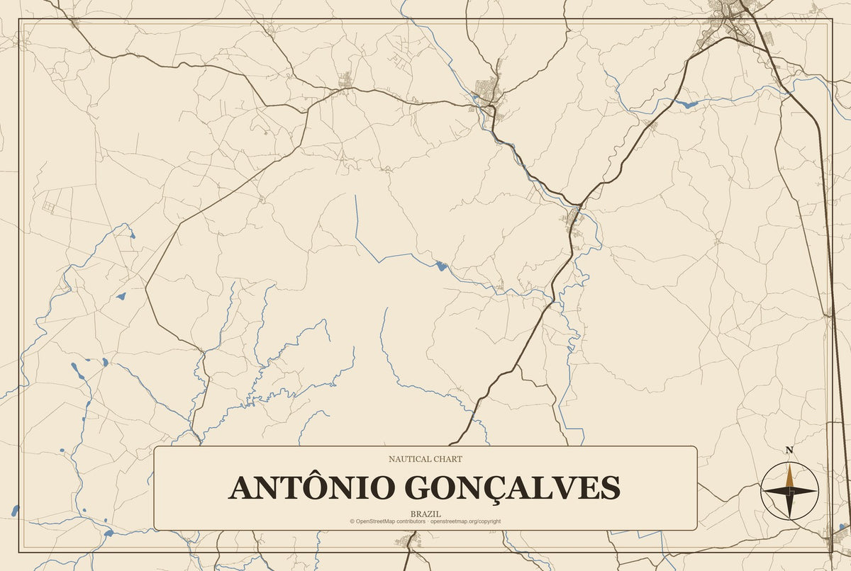 Antônio Gonçalves, Brazil City Map Aluminum Sign in Heritage Nautical style