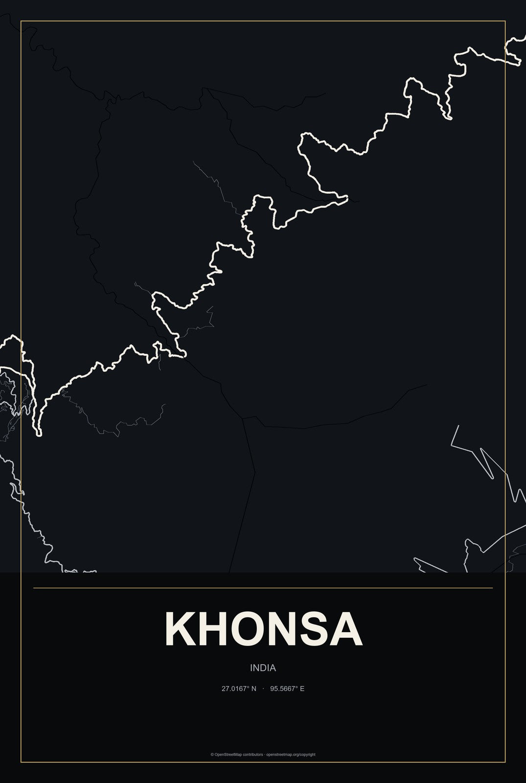 Khonsa, India City Map Aluminum Sign in Metropolitan Noir style
