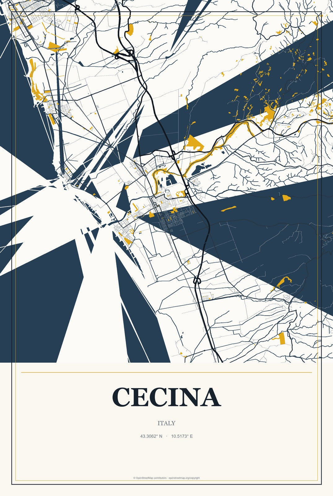 Cecina, Italy City Map Aluminum Sign in Citrine Modern style