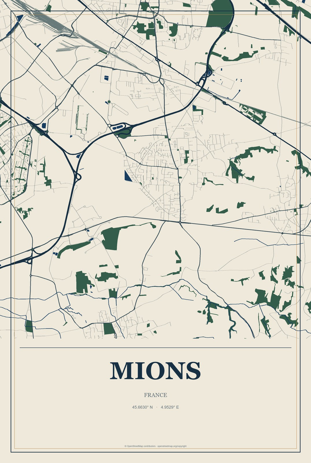 Mions, France City Map Aluminum Sign in Coastal Cutout style