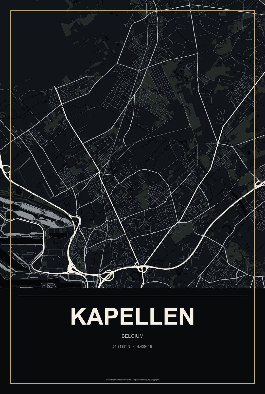Kapellen, Belgium City Map Aluminum Sign in Metropolitan Noir style