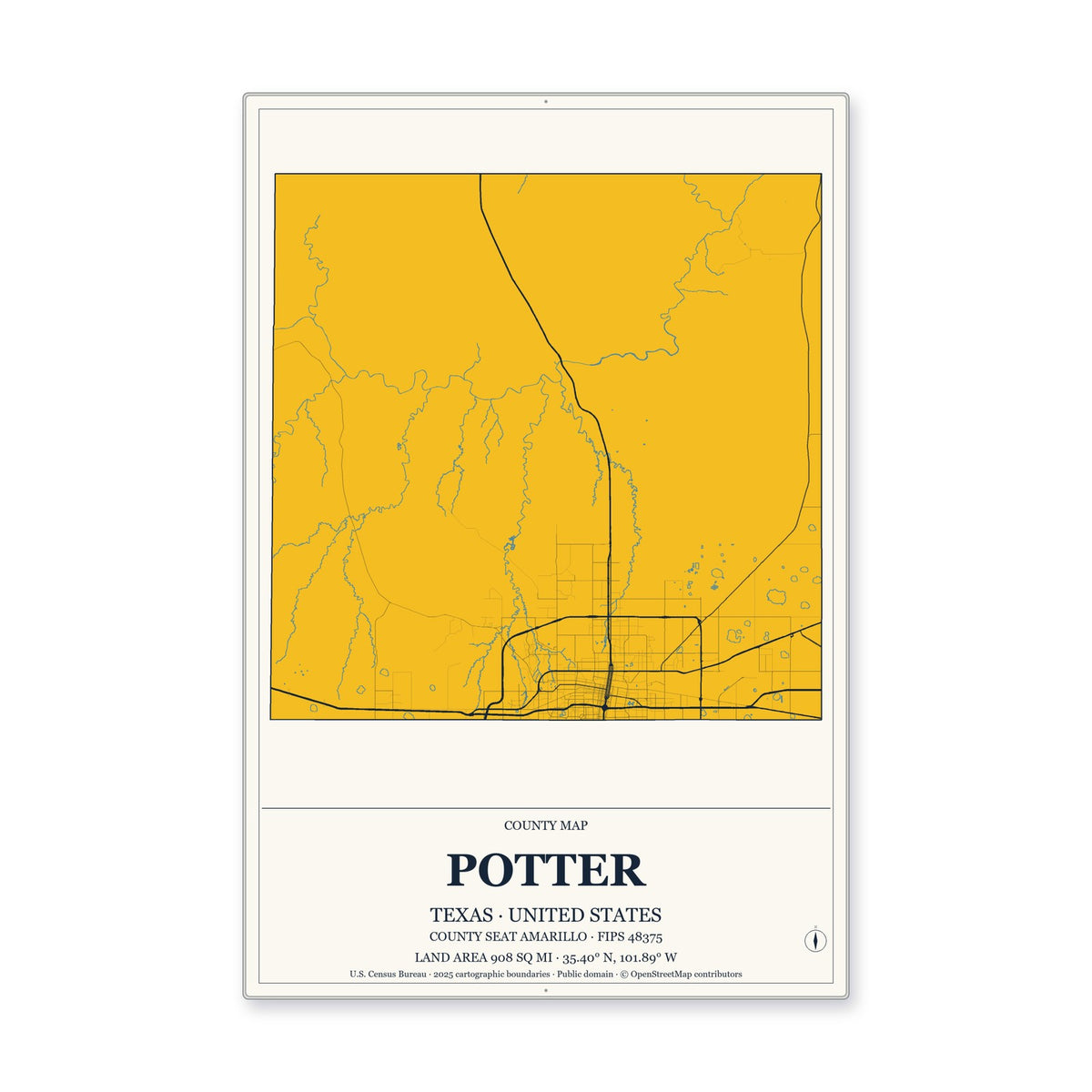 Potter County, Texas Map Aluminum Sign in Citrine Modern style