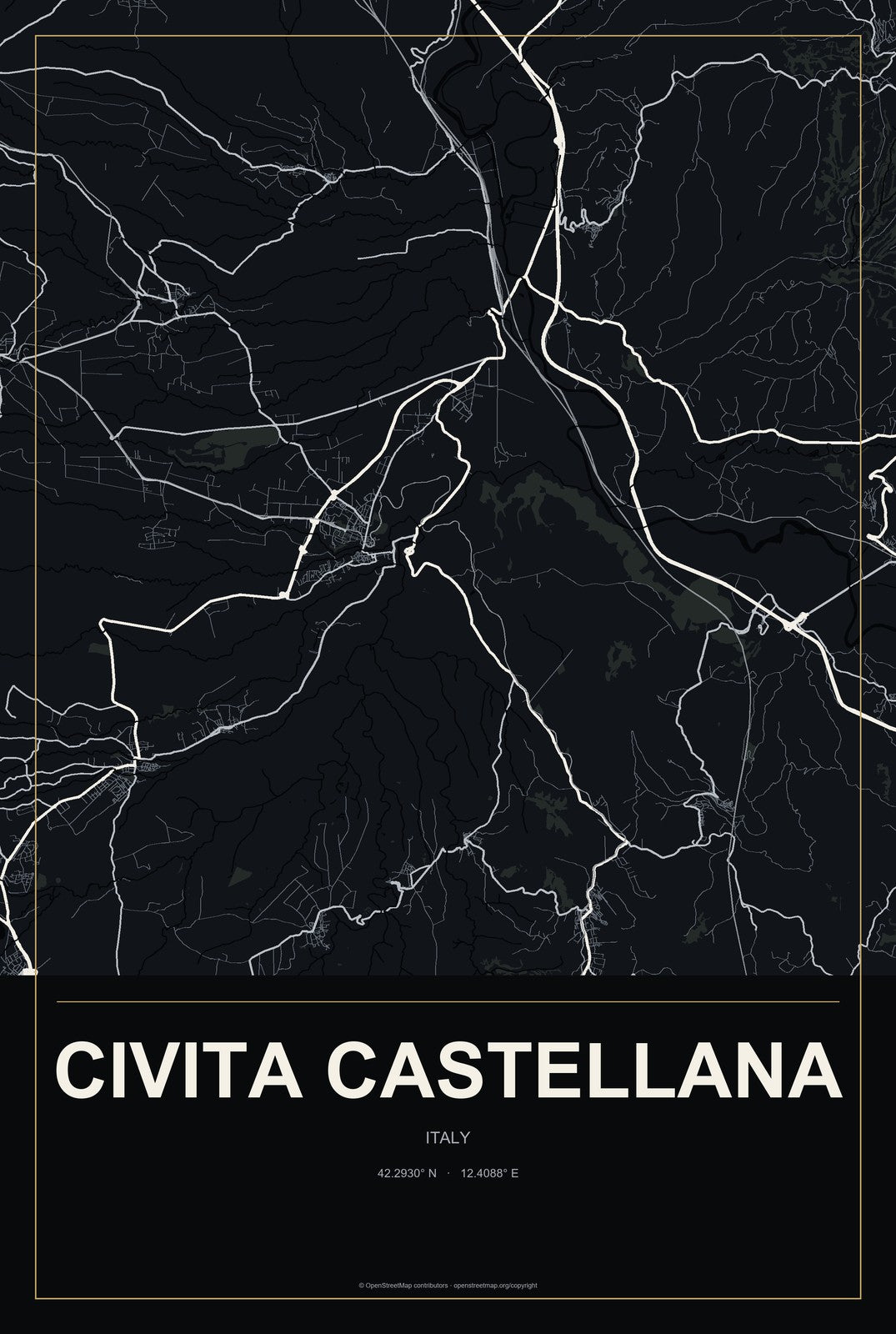 Civita Castellana, Italy City Map Aluminum Sign in Metropolitan Noir style