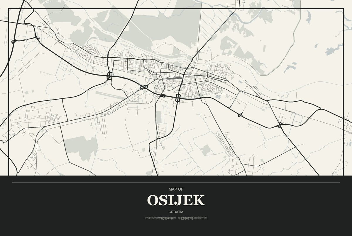 Osijek, Croatia City Map Aluminum Sign in Museum Plaque style