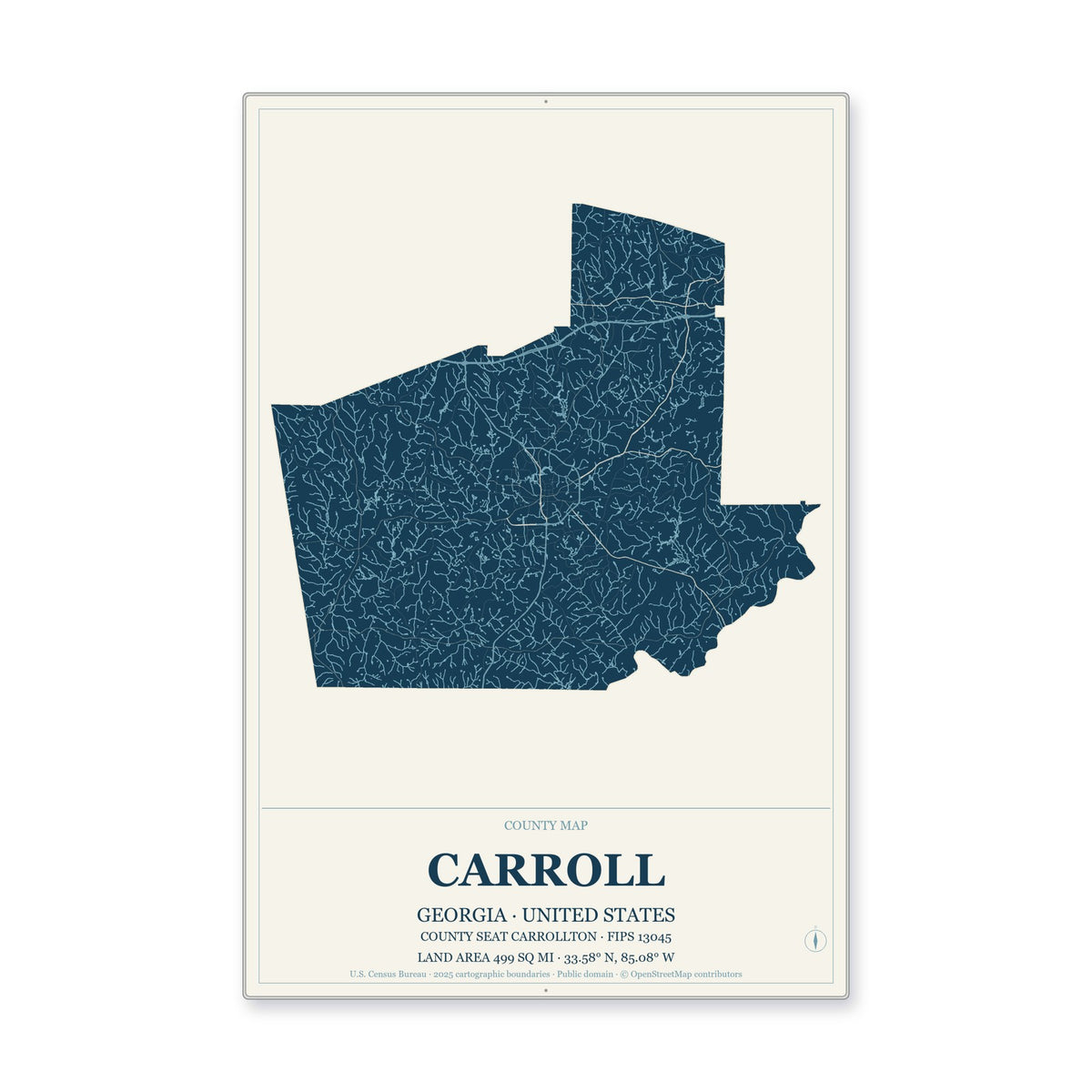 Carroll County, Georgia Map Aluminum Sign in Coastal Cutout style