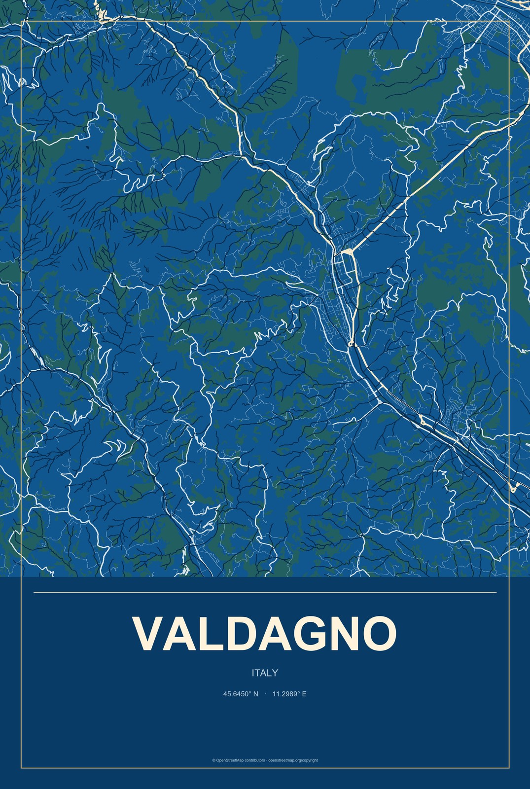 Valdagno, Italy City Map Aluminum Sign in Harbor Cobalt style