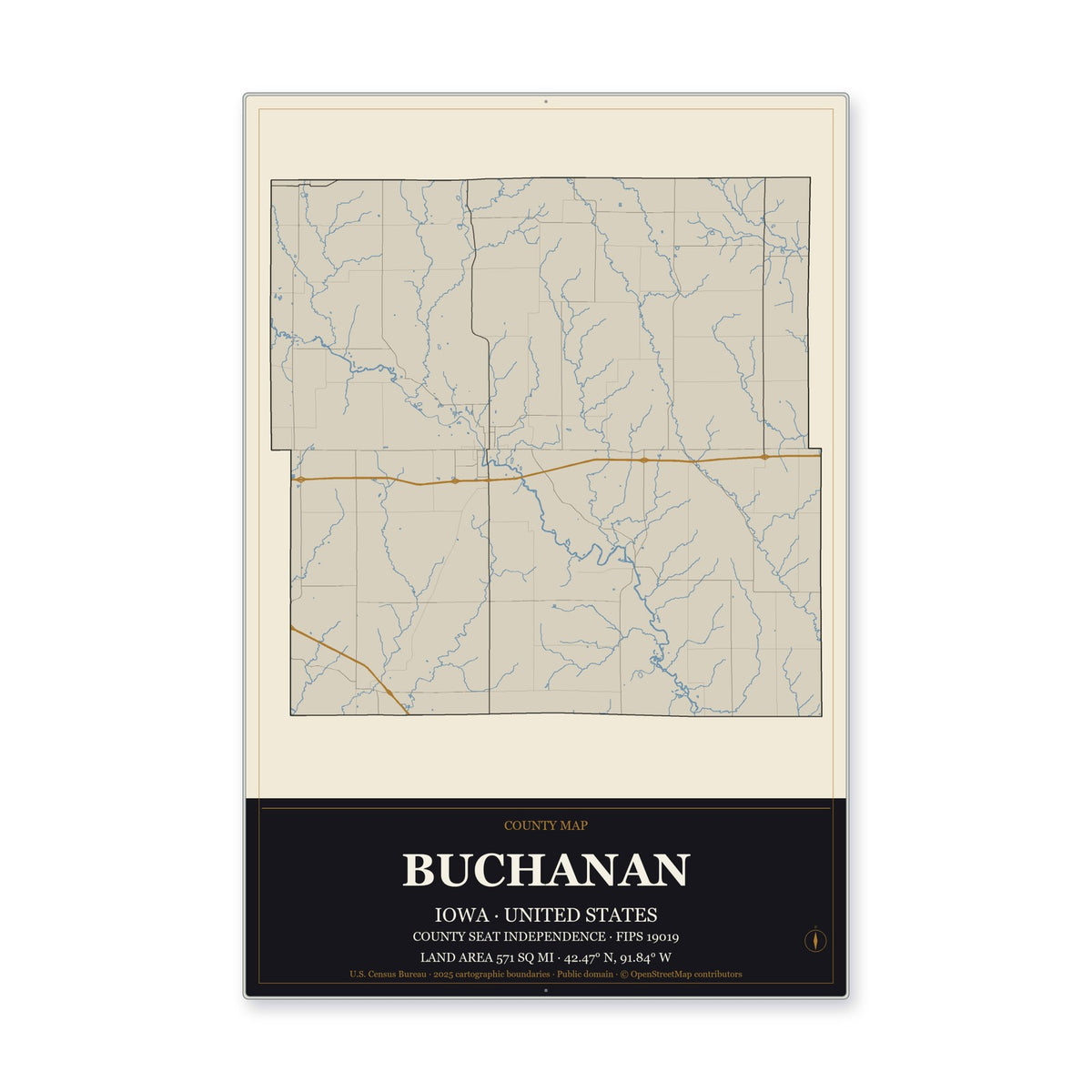 Buchanan County, Iowa Map Aluminum Sign in Museum Plaque style