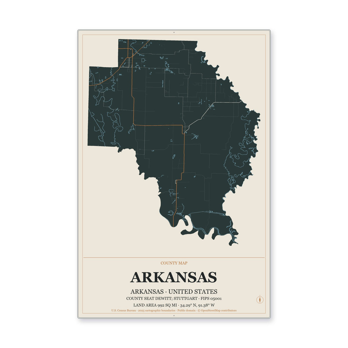 Arkansas County, Arkansas Map Aluminum Sign in Headline Atlas style