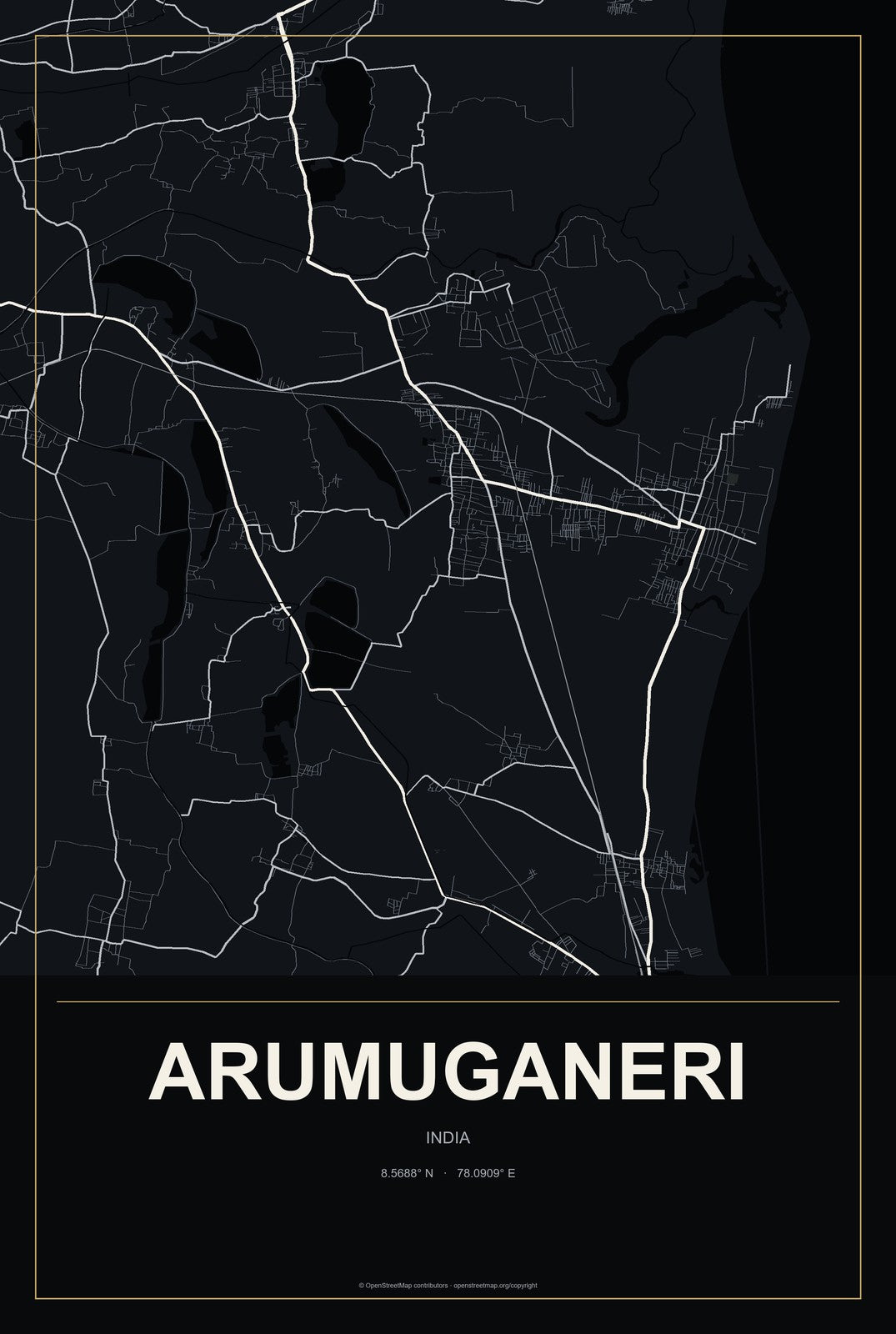 Arumuganeri, India City Map Aluminum Sign in Metropolitan Noir style