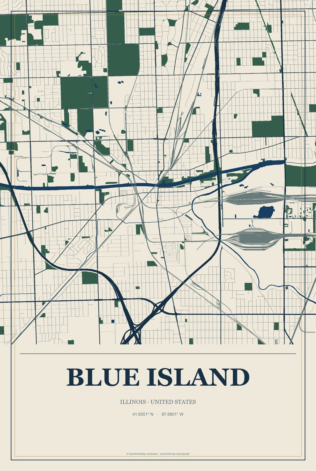 Blue Island, Illinois City Map Aluminum Sign in Coastal Cutout style