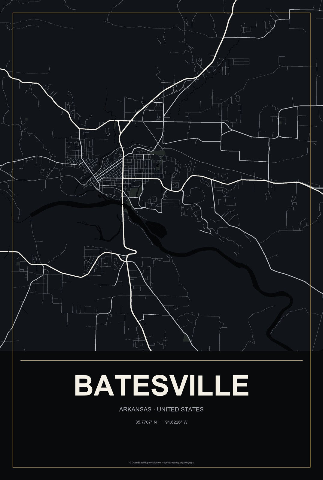 Batesville, Arkansas City Map Aluminum Sign in Metropolitan Noir style