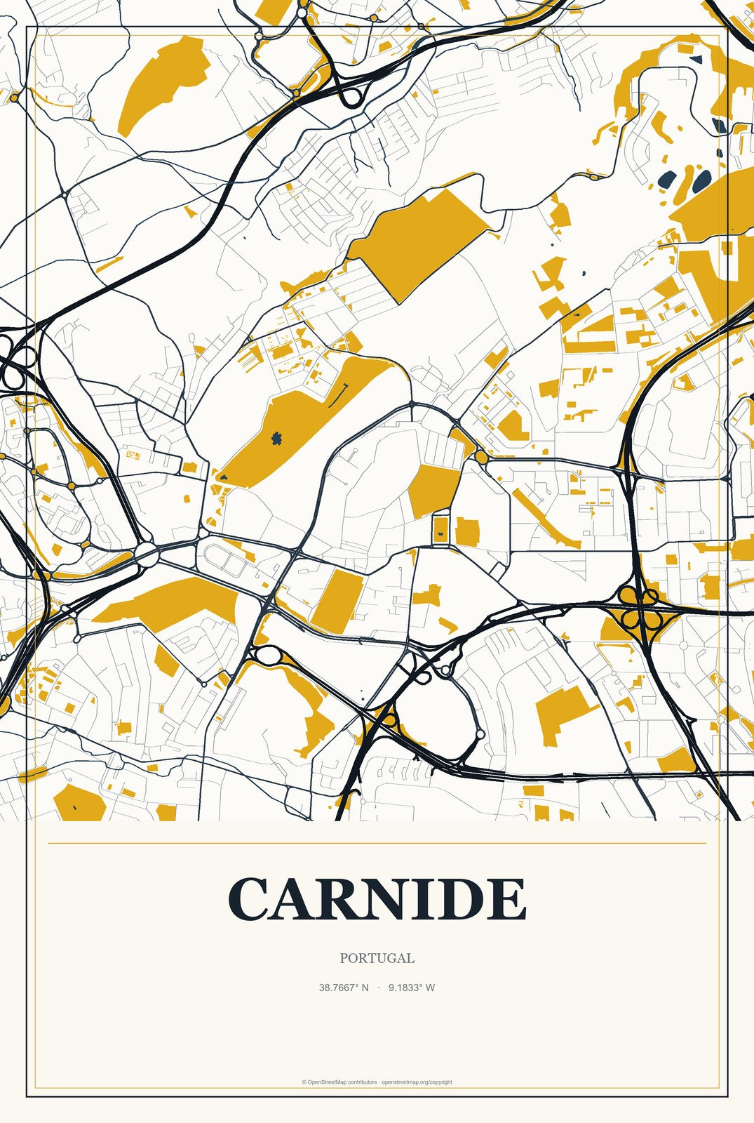 Carnide, Portugal City Map Aluminum Sign in Citrine Modern style