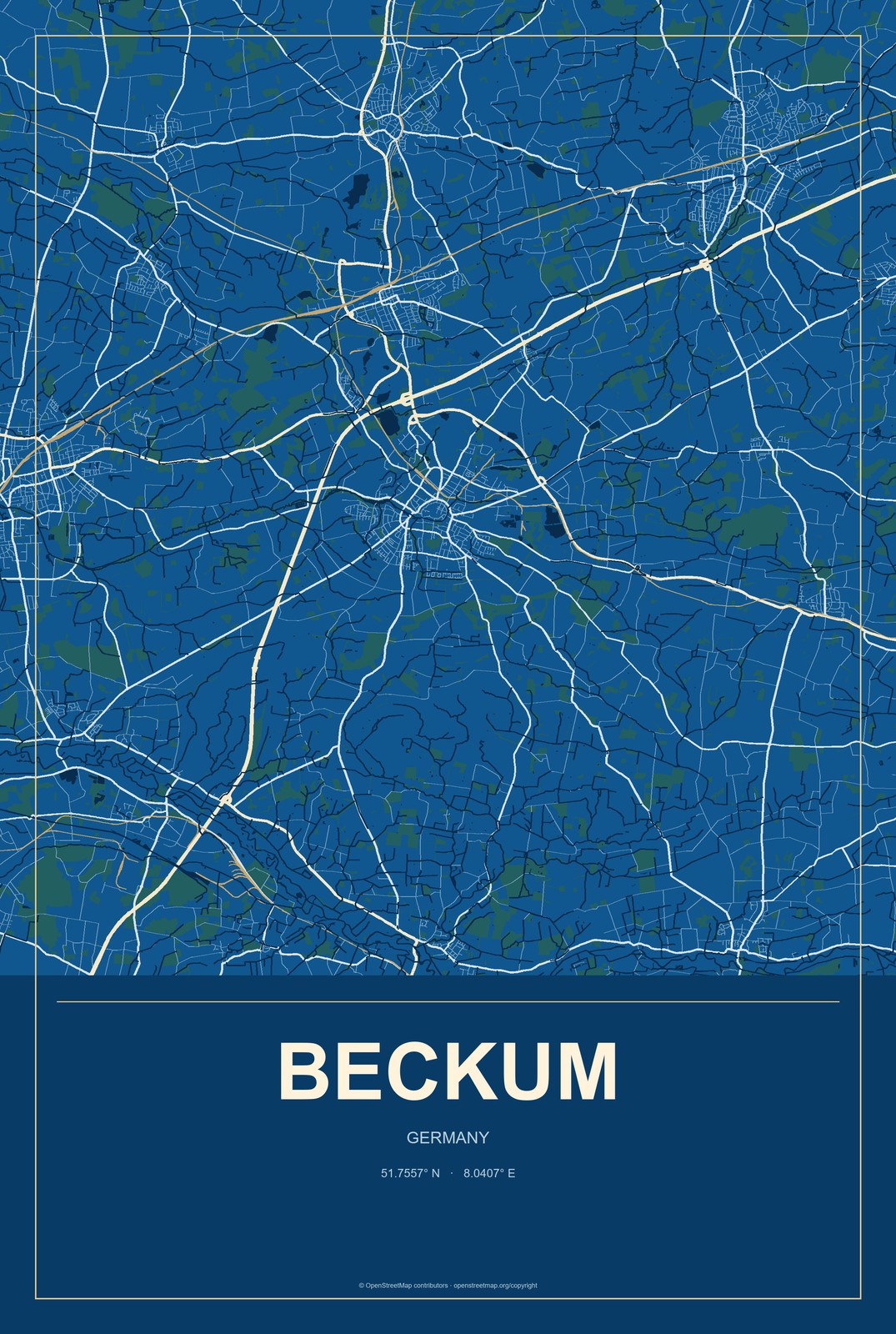 Beckum, Germany City Map Aluminum Sign in Harbor Cobalt style