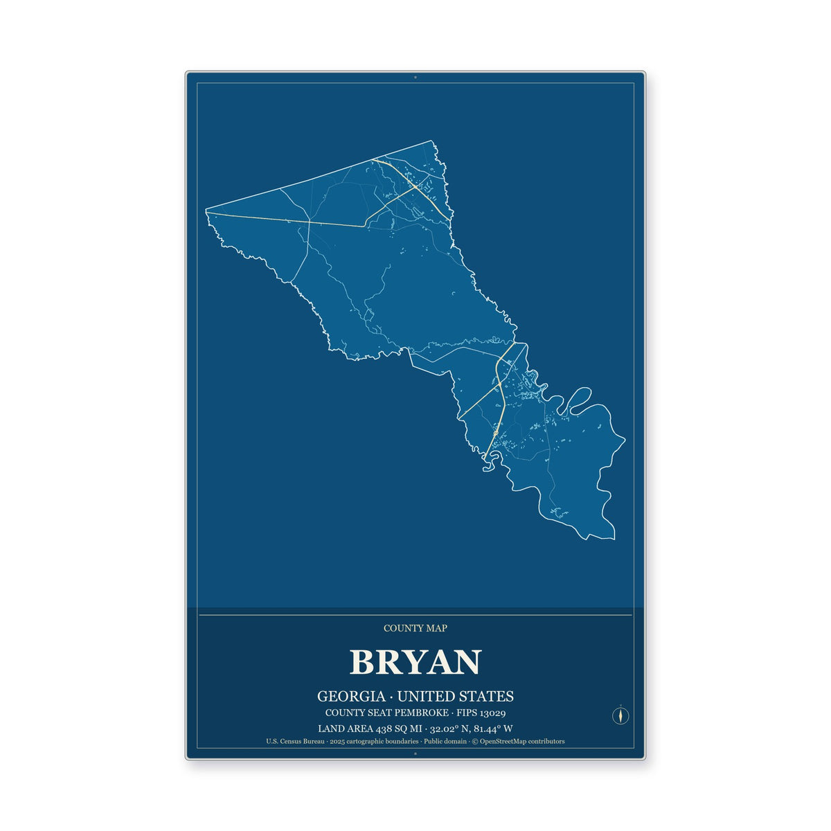 Bryan County, Georgia Map Aluminum Sign in Harbor Cobalt style
