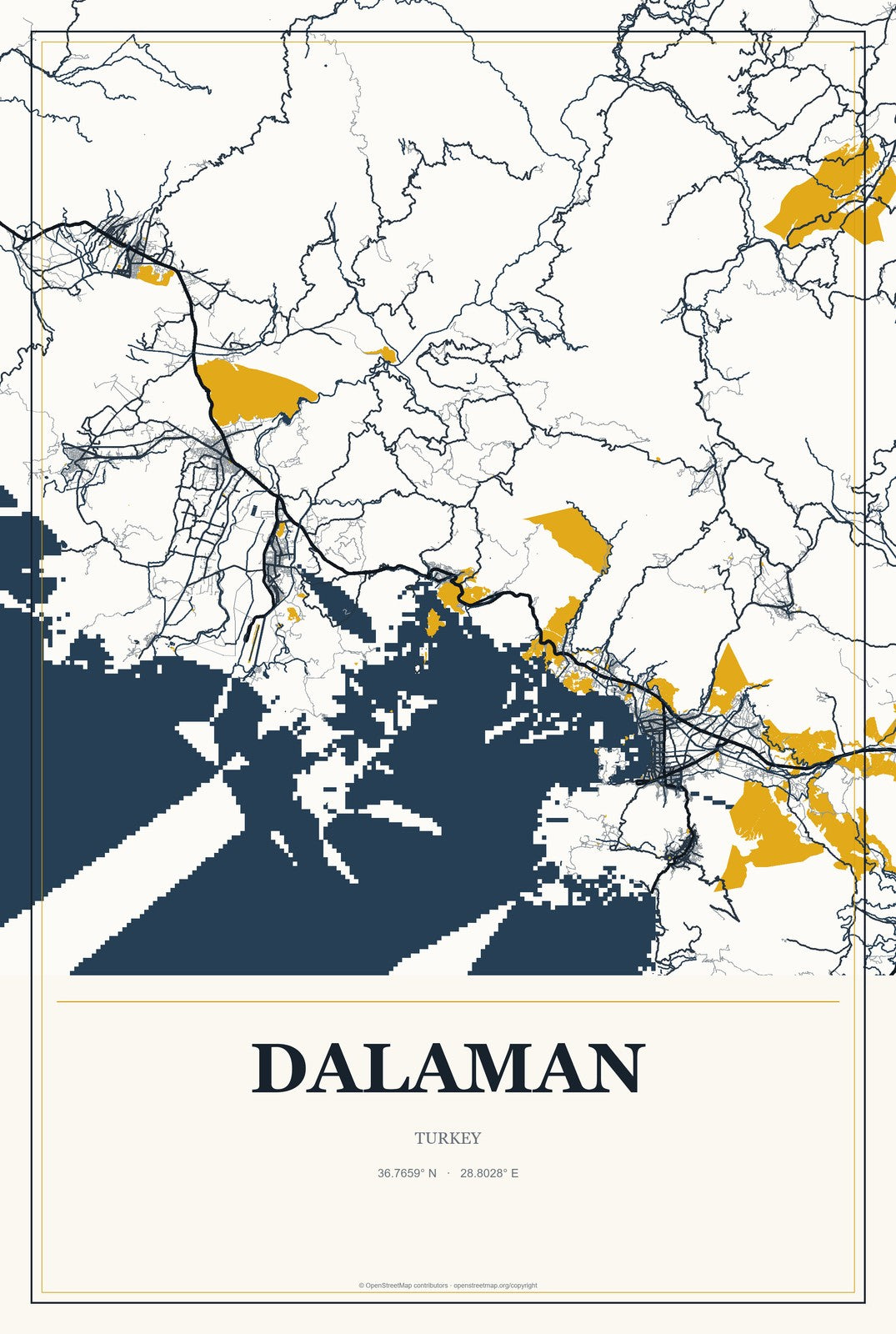 Dalaman, Turkey City Map Aluminum Sign in Citrine Modern style