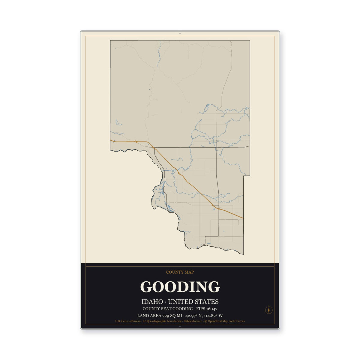Gooding County, Idaho Map Aluminum Sign in Museum Plaque style