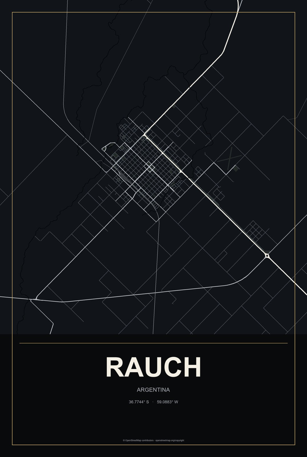 Rauch, Argentina City Map Aluminum Sign in Metropolitan Noir style