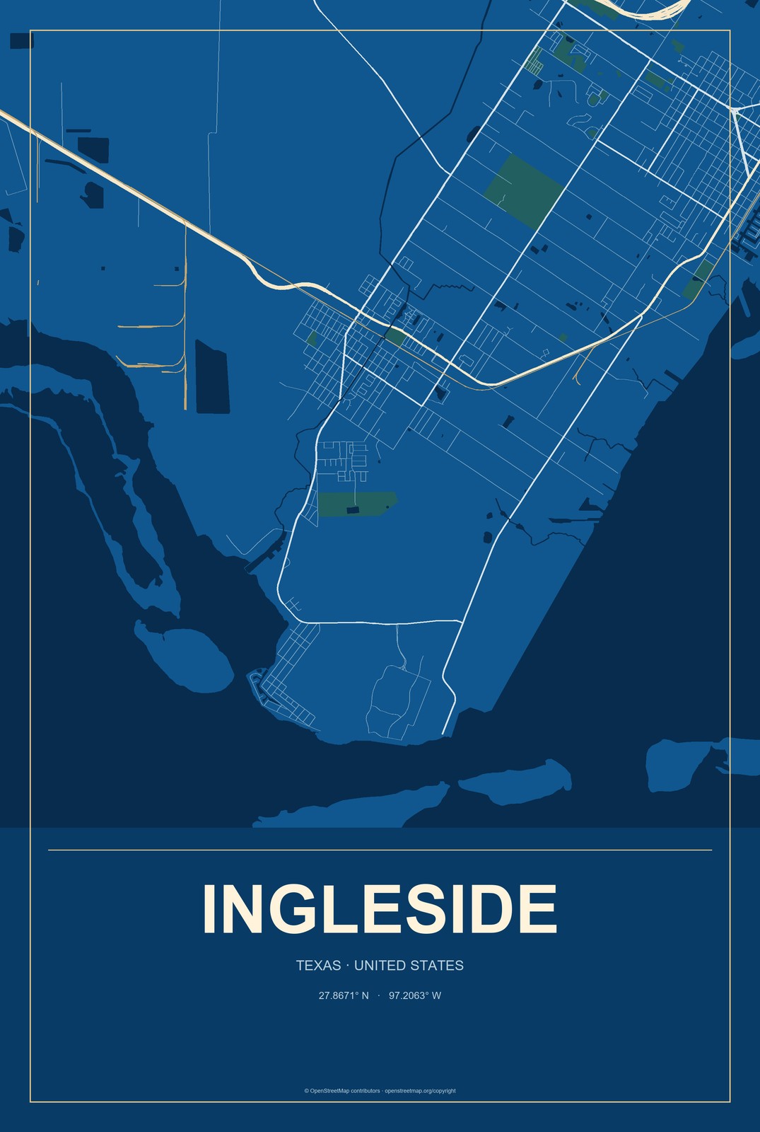 Ingleside, Texas City Map Aluminum Sign in Harbor Cobalt style