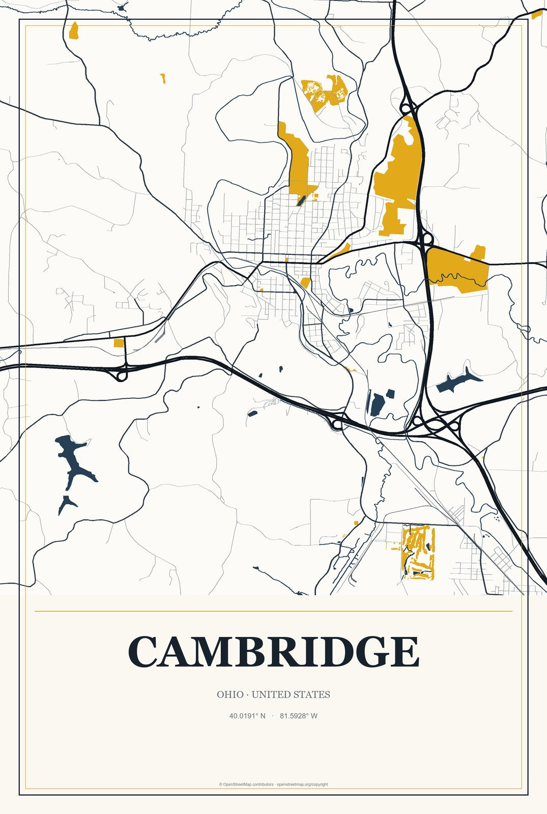 Cambridge, Ohio City Map Aluminum Sign in Citrine Modern style