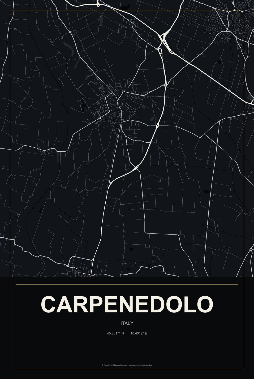 Carpenedolo, Italy City Map Aluminum Sign in Metropolitan Noir style