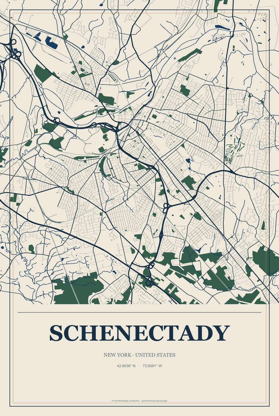 Schenectady, New York City Map Aluminum Sign in Coastal Cutout style