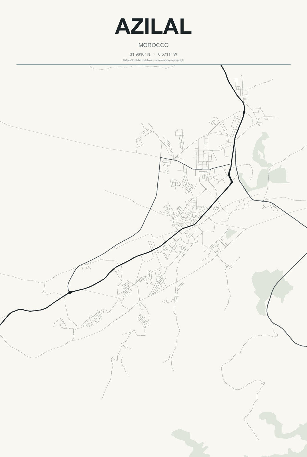 Azilal, Morocco City Map Aluminum Sign in Headline Atlas style