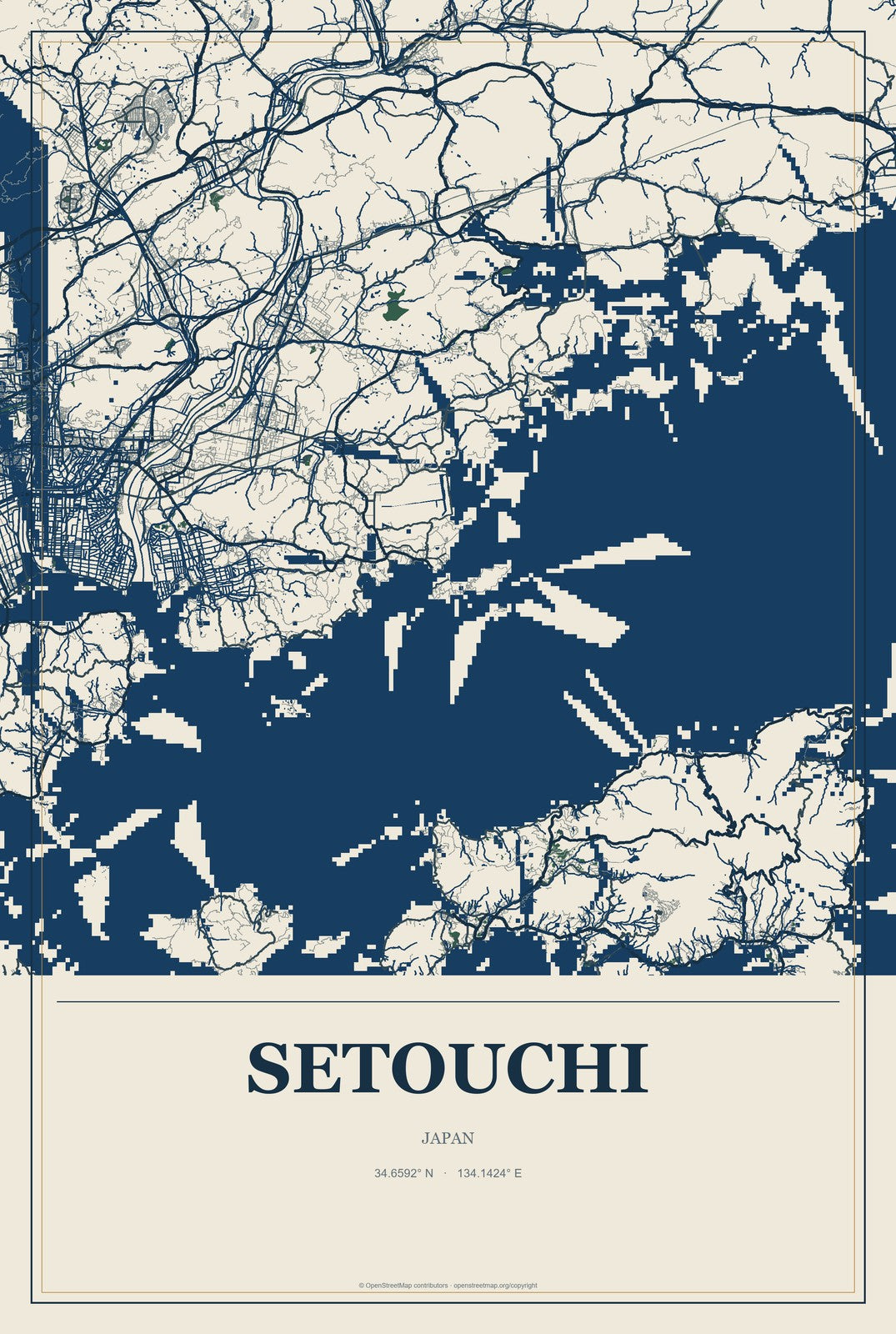 Setouchi, Japan City Map Aluminum Sign in Coastal Cutout style