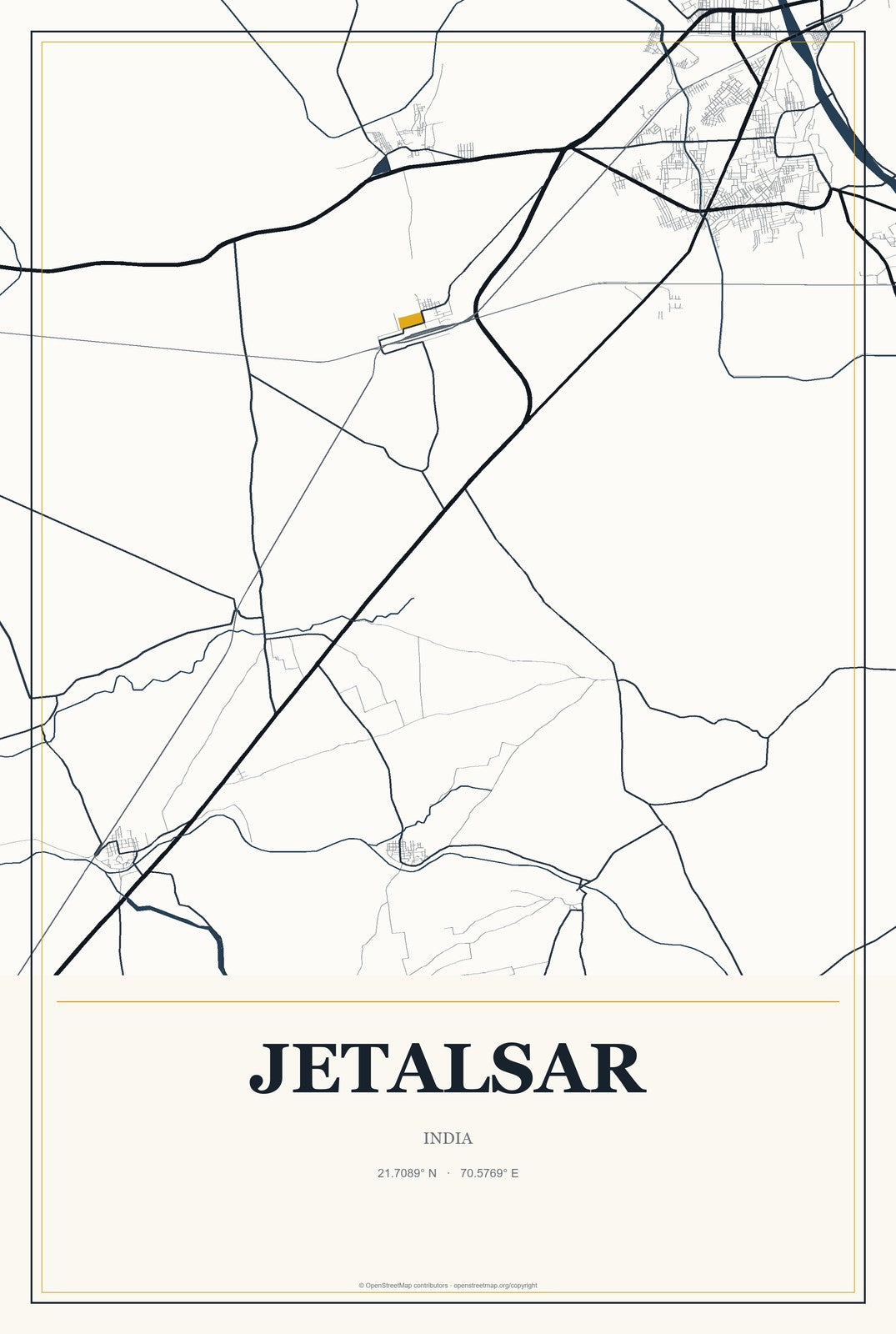 Jetalsar, India City Map Aluminum Sign in Citrine Modern style