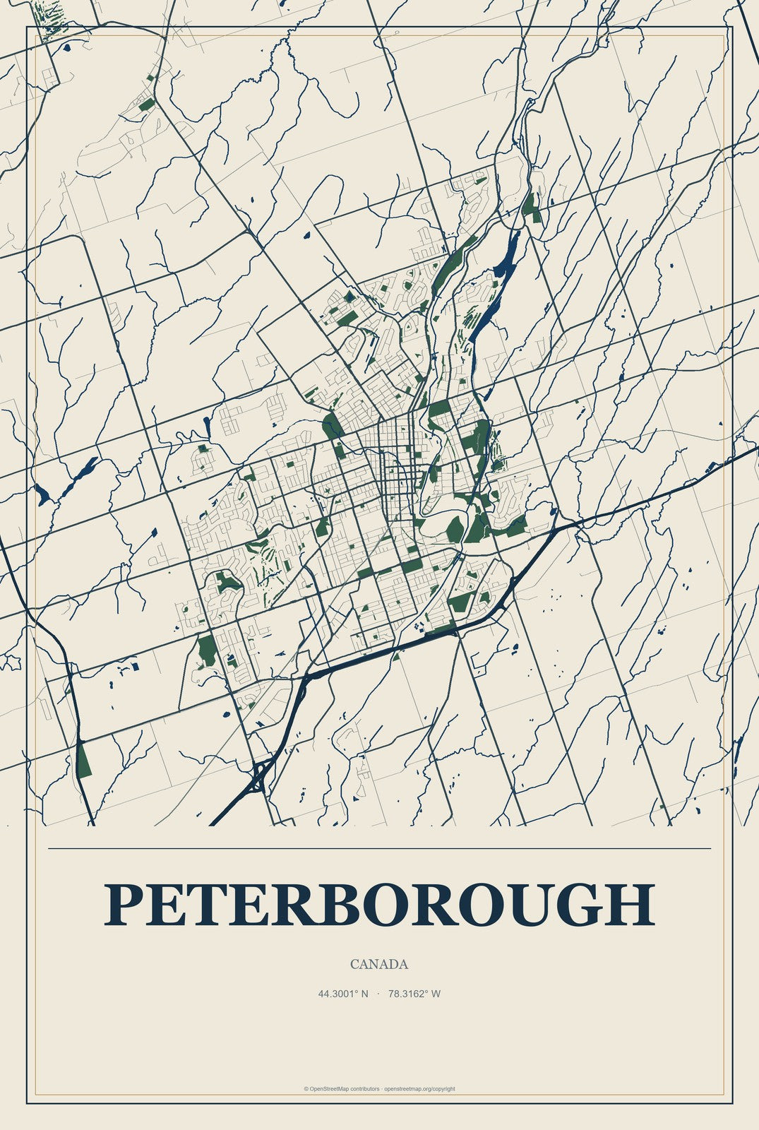 Peterborough, Canada City Map Aluminum Sign in Coastal Cutout style